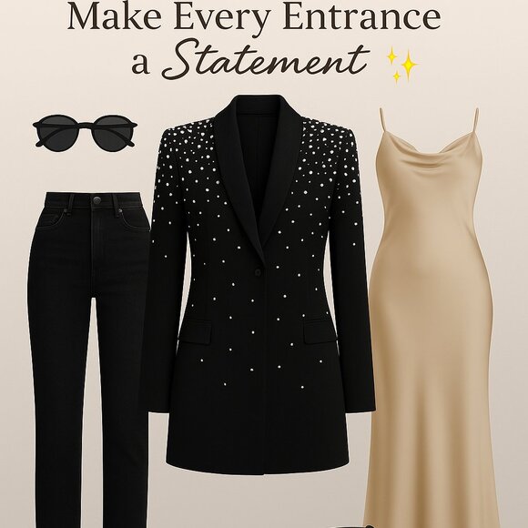 ✨ CHICME Pearl Embellished Black Blazer – Dramatic Luxe Statement Jacket XL - Picture 1 of 15